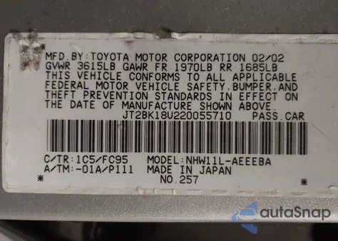 2002 Toyota Prius z USA, uszkodzony, nr VIN JT2BK18U220055710
